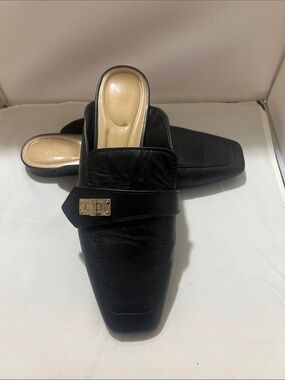 Nine West Black Leather Slip-On Mule with Gold Accent